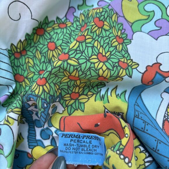 Vtg Sears Childrens Noah Ark 60s 70s Twin Bed Fitted & Flat Sheet Set Color READ - Picture 5 of 12